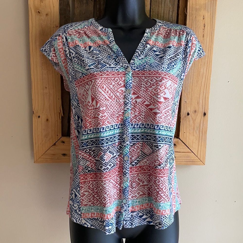 Lucky Brand Sleeveless Aztec Print Design Button Down Top Blue Green Orange S